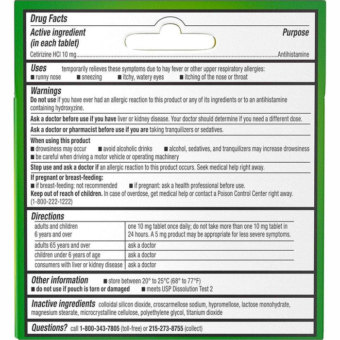 Zyrtec 24 Hour Allergy Relief Tablets, 10 mg Antihistamine with Cetirizine HCl, 5 ct - Elvoros