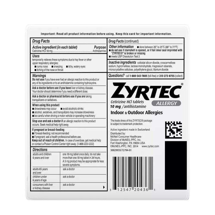 Zyrtec 24 Hour Allergy Relief Tablets - Cetirizine HCl - 30 + 10 Ct - Elvoros