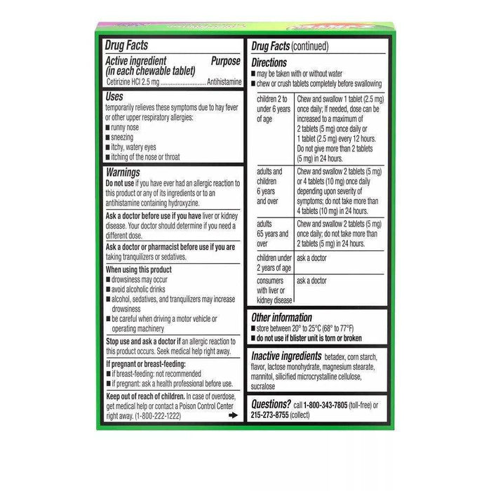 Zyrtec Children's Dye Free Cetirizine 2.5mg Chewables - Grape - Elvoros