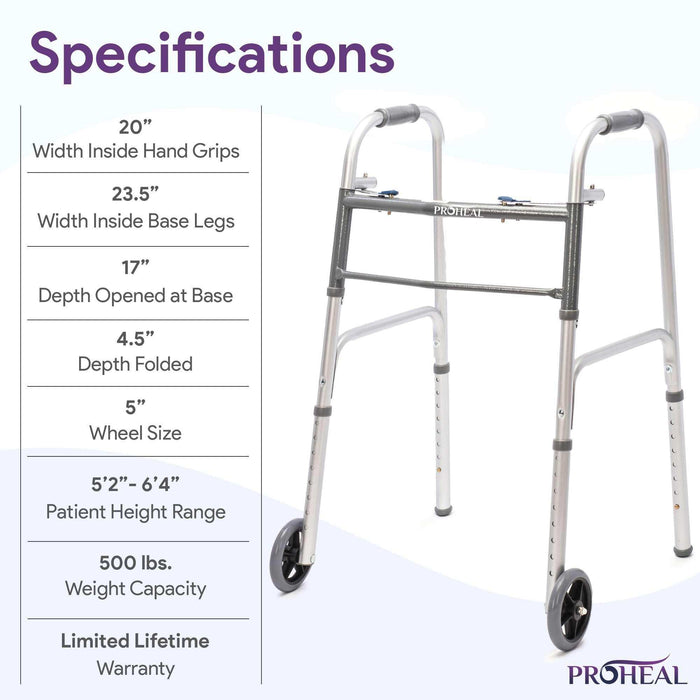 Bariatric Silver Folding Steel Walker with Wheels - 500 lbs Capacity - Elvoros