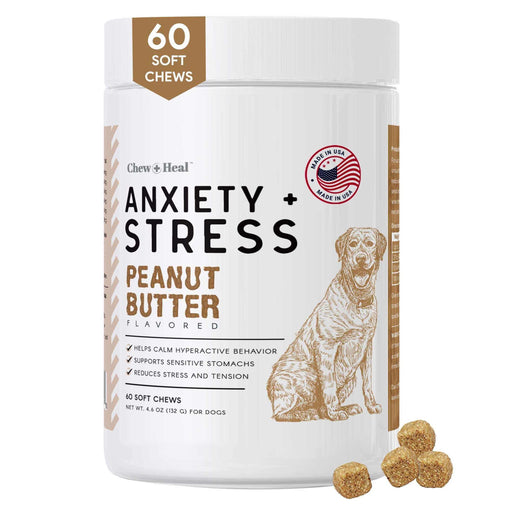 Chew + Heal Calming Chews for Dogs - Peanut Butter Flavor - 60 Anxiety Relief Treats - Elvoros