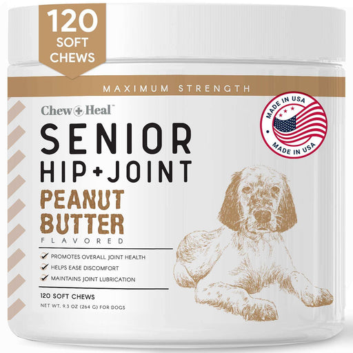 Chew + Heal Glucosamine for Senior Dogs Hip and Joint - 120 Peanut Butter Flavor Soft Chews - Elvoros