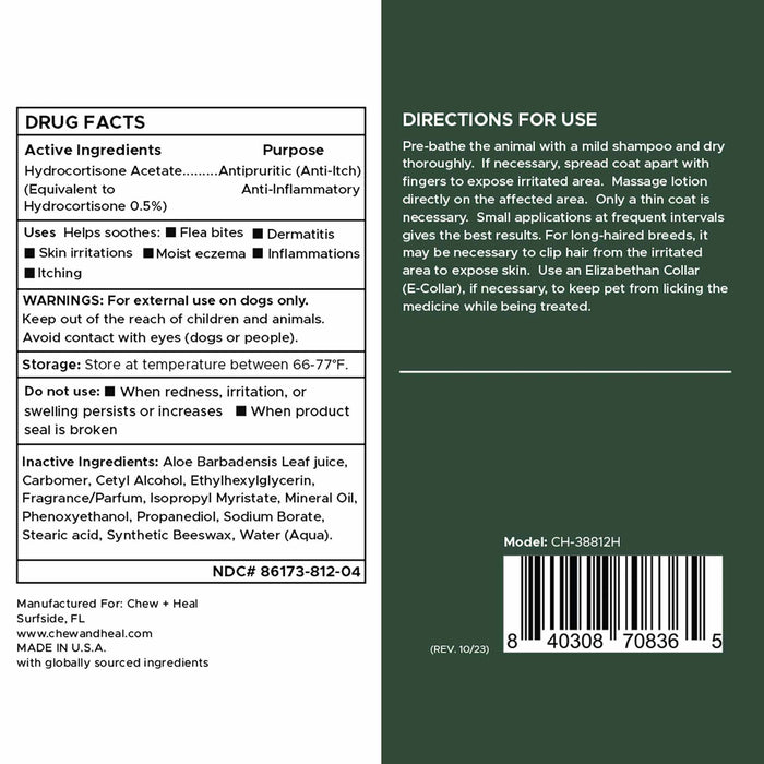 Chew + Heal Hydrocortisone Lotion for Dogs - 4 oz Anti Itch Cream for Irritated Skin - Elvoros