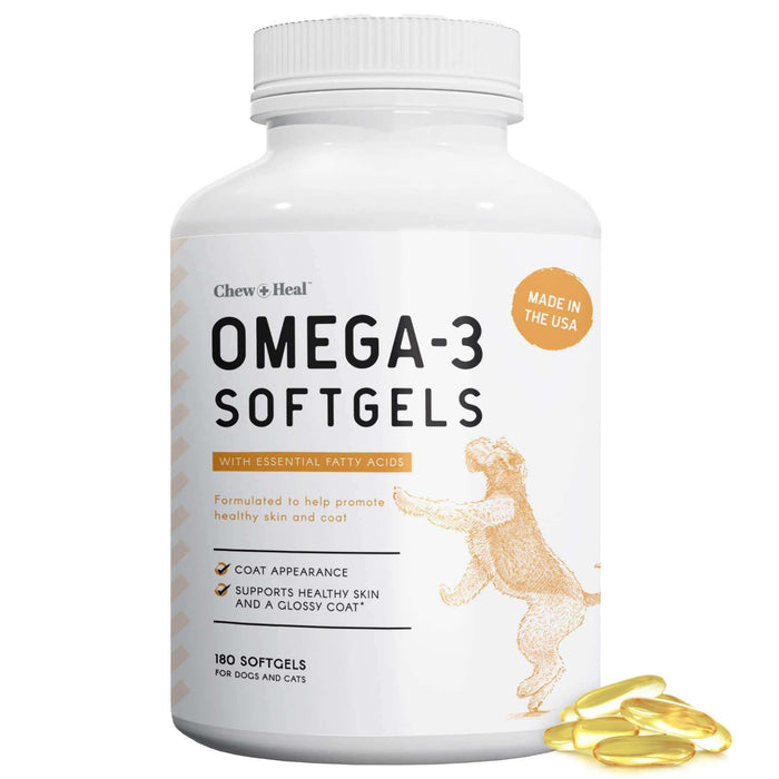 Chew + Heal Omega 3 Fish Oil for Dogs - 180 Softgel Supplements for Healthy Skin and Coat - Elvoros