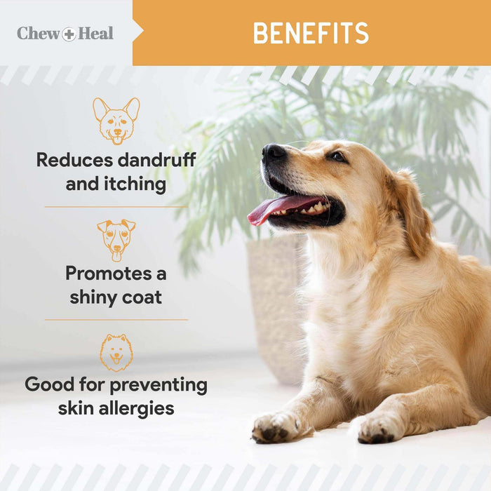 Chew + Heal Omega 3 Fish Oil for Dogs - 180 Softgel Supplements for Healthy Skin and Coat - Elvoros