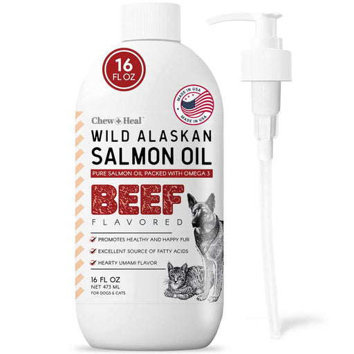 Chew + Heal Pure Wild Alaskan Salmon Oil for Dogs and Cats - 16 oz. Beef Flavored Oil - Elvoros