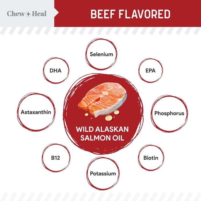 Chew + Heal Pure Wild Alaskan Salmon Oil for Dogs and Cats - 16 oz. Beef Flavored Oil - Elvoros