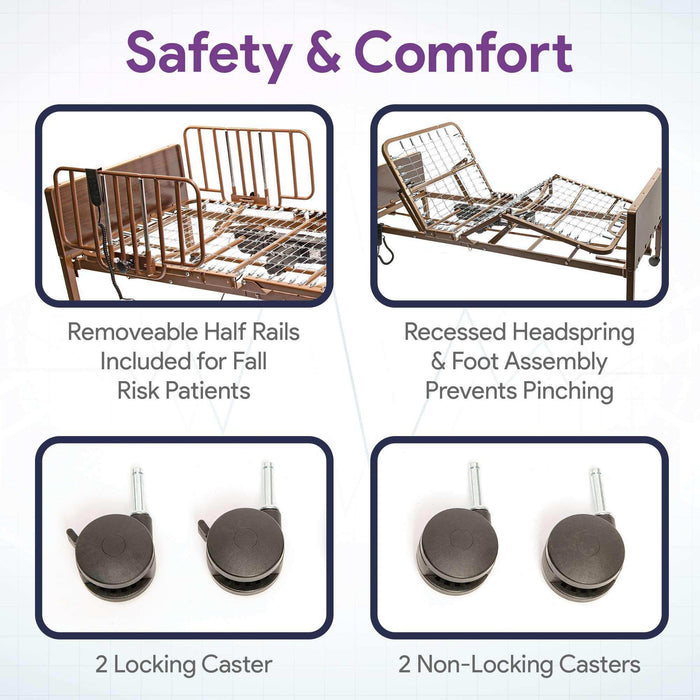 Full Electric Hospital Bed Foam Mattress - Half Rails - 36x80 Adjustable Height - Elvoros