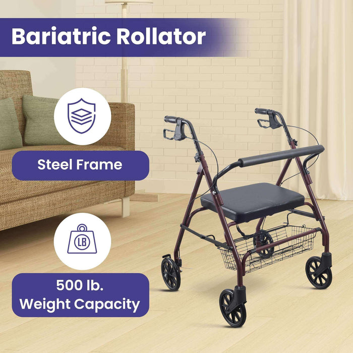 Medacure Bariatric Steel Rollator Walker with Seat – Height Adjustable - Elvoros