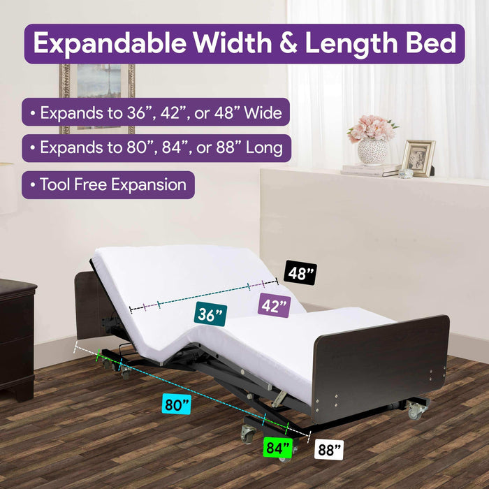 Ultra Low Electric Homecare Hospital Bed and Memory Foam Mattress - Expandable Width - Elvoros