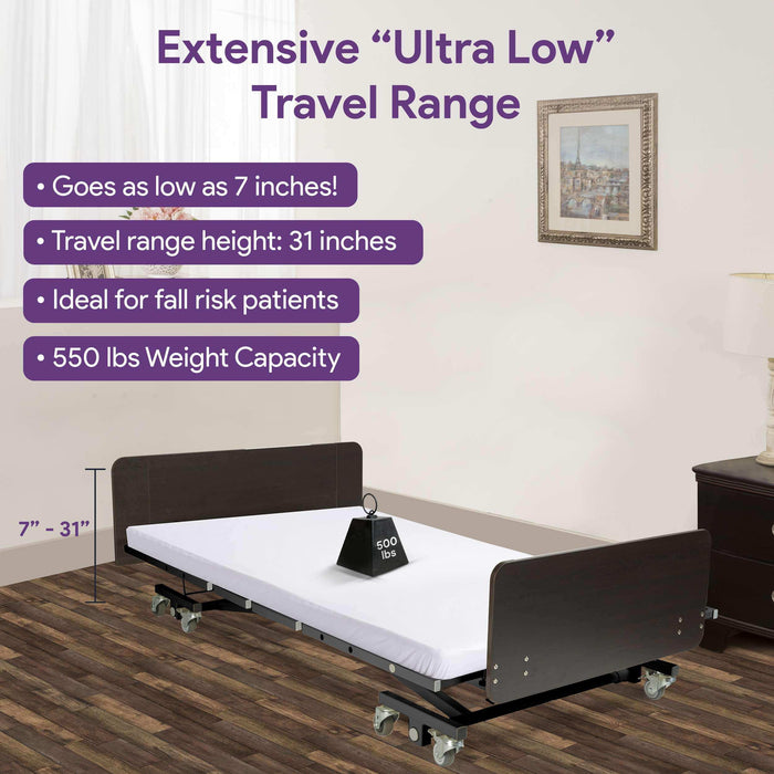 Ultra Low Electric Homecare Hospital Bed and Memory Foam Mattress - Expandable Width - Elvoros
